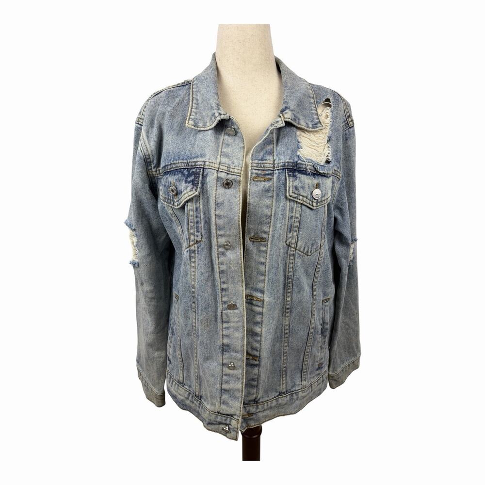 Judy Bridal Denim Jacket Womens L Light Blue Distressed Button Front Cotton